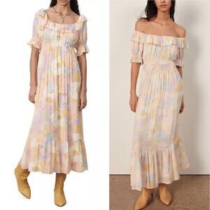 BA&SH Noma Pastel Floral Printed Maxi Dress Size 6 Med Ruffle Cottagecore Boho